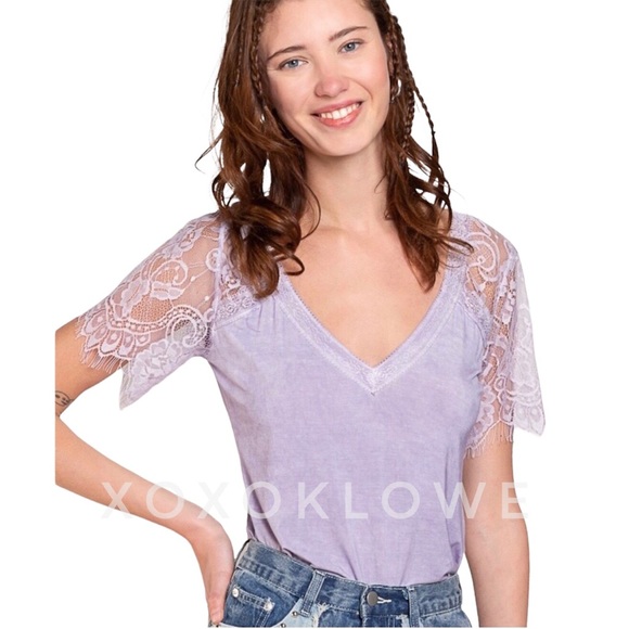 1 S POL Pinky Buttery Soft Lace Sleeve V Neck Tee - Picture 15 of 15